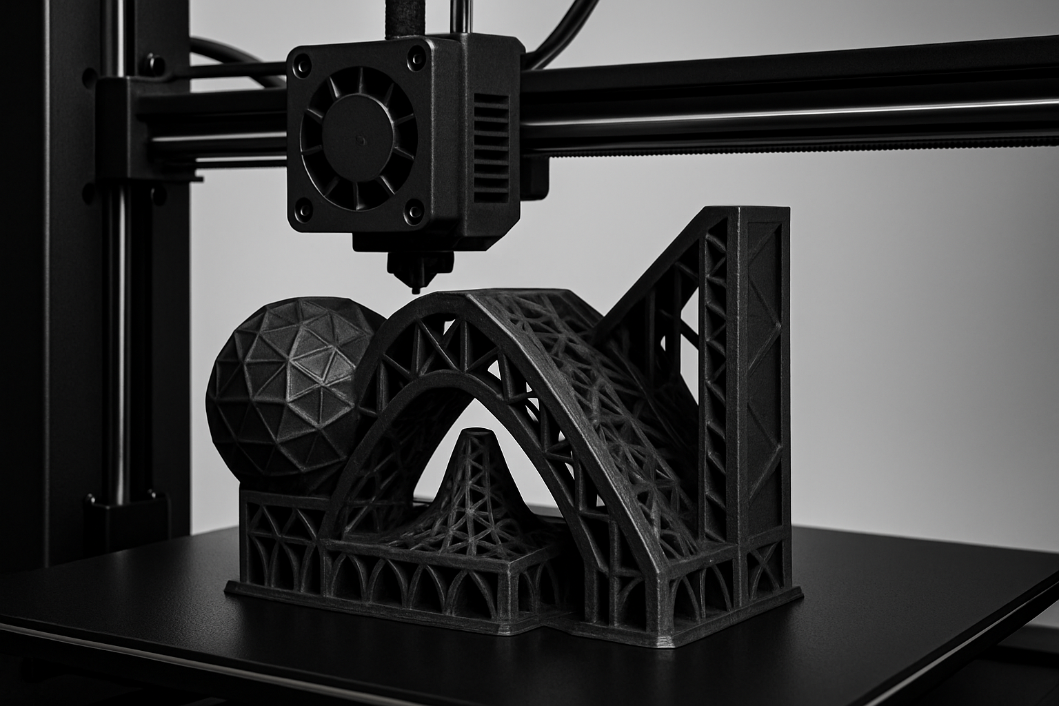Maak een achtergrond afbeelding waar een complex object ge3d print word, kleuren van het plaatje zwart/wit/grijs tinten houden en netjes