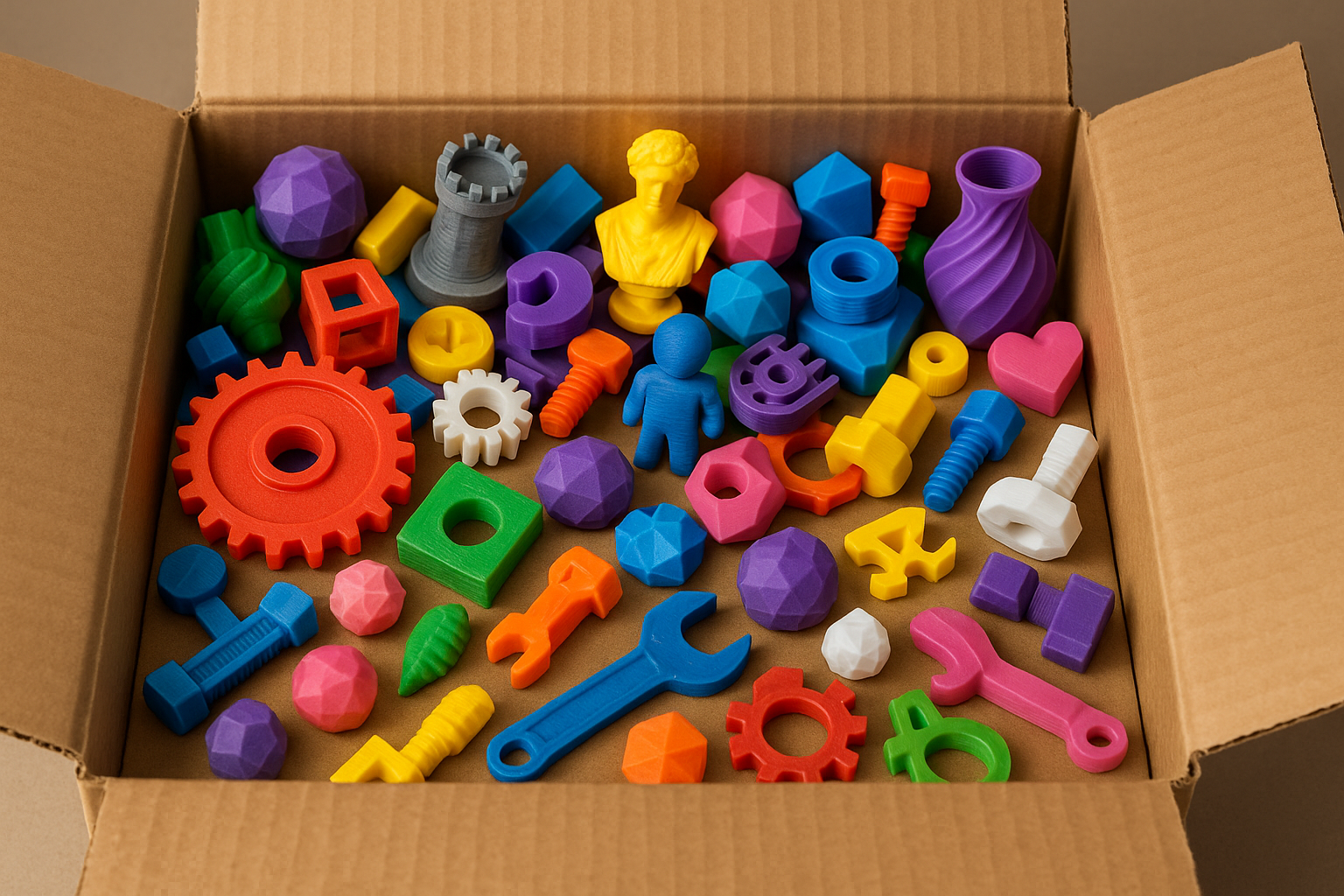 maak een plaatje van een doos vol met 3d geprinte onderdelen in allemaal verschillende kleuren